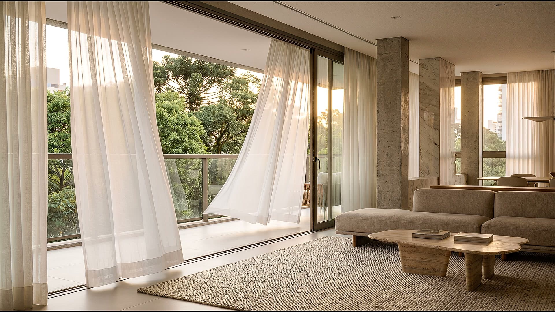 Sala de um apartamento decorado de alto padrão em Curitiba, com cortinas de linho ao vento e vista para a copa das árvores e a cidade ao entardecer
